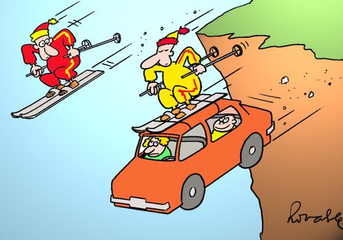Skiers - One of them is attached to the roof of a car.