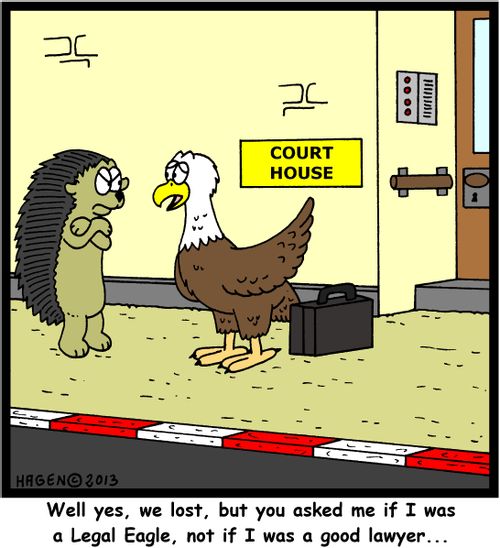 'Well yes, we lost, but you asked me if I was a Legal Eagle, not if I was a good lawyer...'