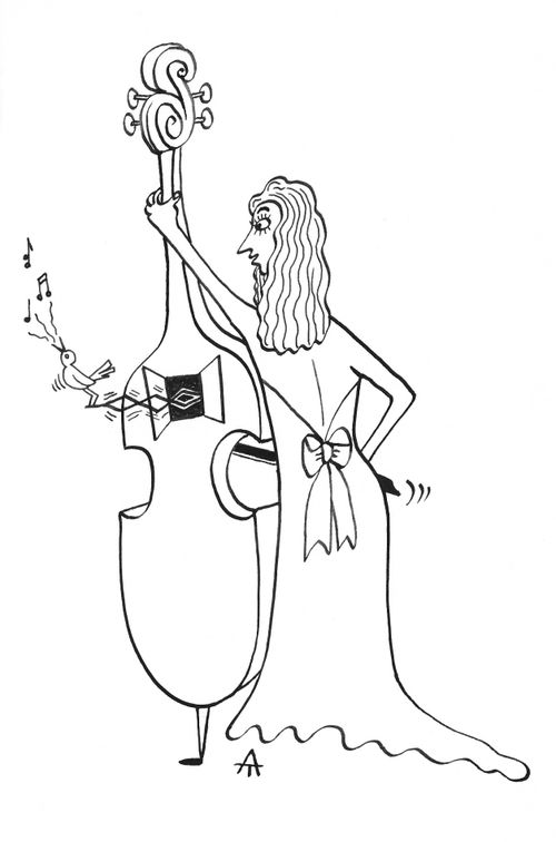 Woman plays a cello with a cuckoo peaking out the back.