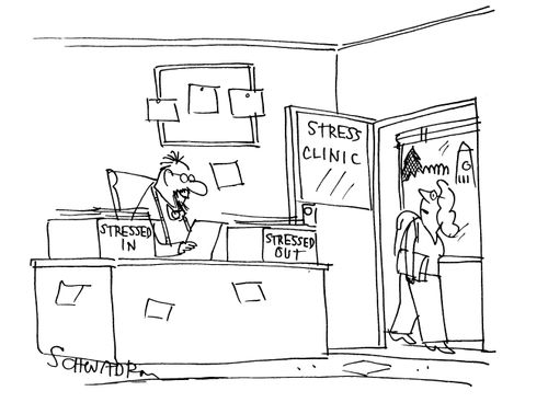 Stress Clinic. Filing trays read 'stressed in' and 'stressed out'.