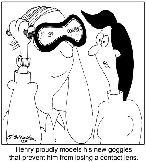 Henry proudly models his new goggles that prevent him from losing a contact lens.