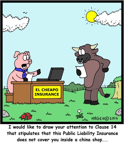'I would like to draw your attention to Clause 14 that stipulates that this Public Liability Insurance does not cover you inside a china shop...'
