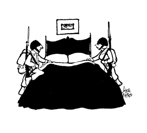 Soldiers climb into bed.