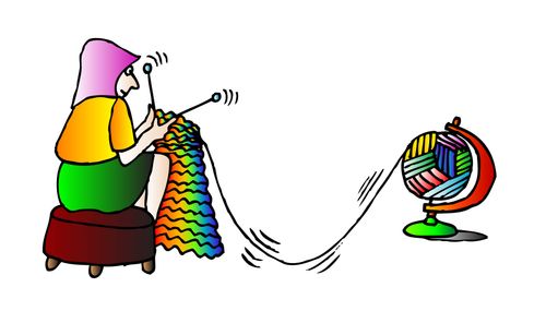 A woman knits from a globe.