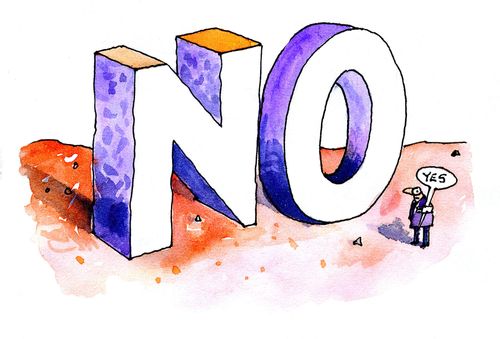Giant 'NO' with a small man holding a 'Yes',