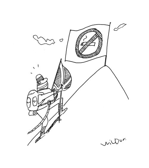 Man hikes up mountain to find no smoking sign at the top