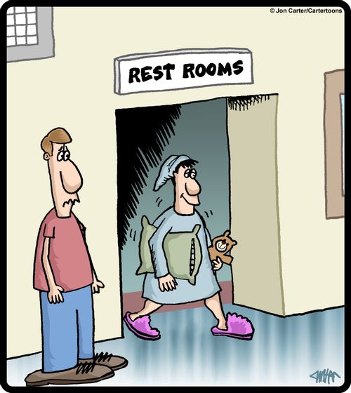 Sleeping man leaves rest room.