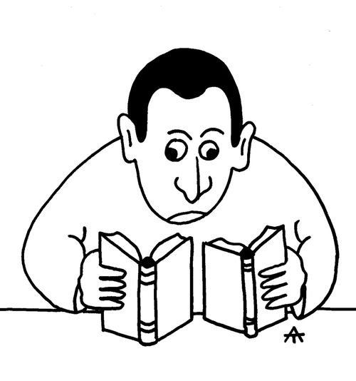 Man reading two books at once