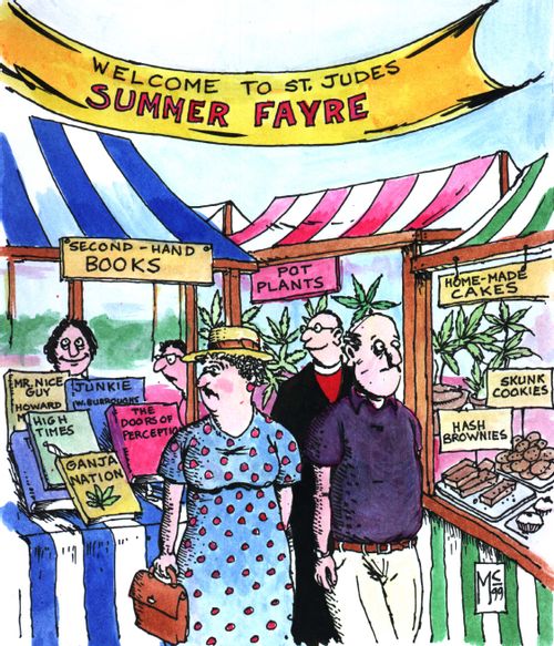 'Welcome to St Judes Summer Fayre'  full of cannabis related items