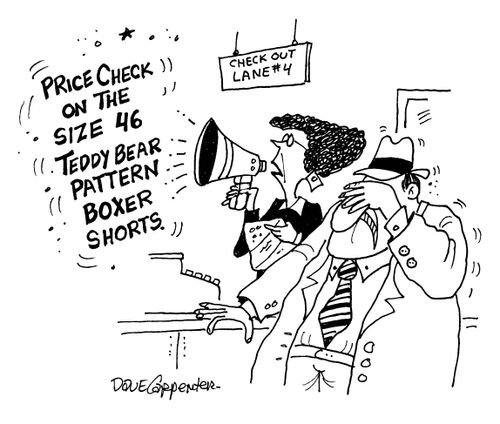 'Price check on the size 46 teddy bear pattern boxer shorts.'