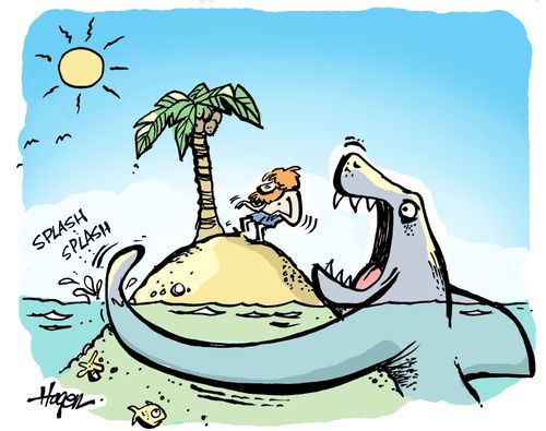 Shark scaring man into mouth.
