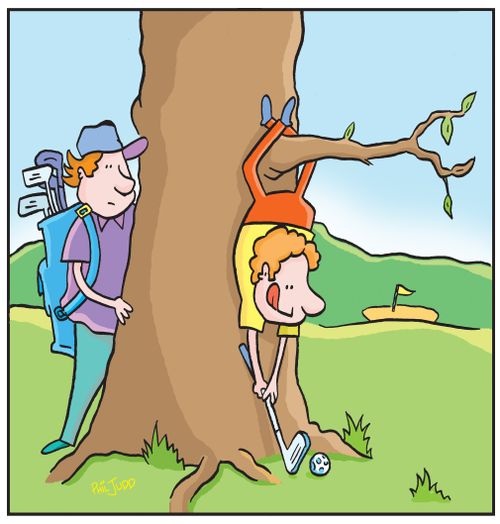Golfer hanging from tree trying a tricky chip out of the rough.