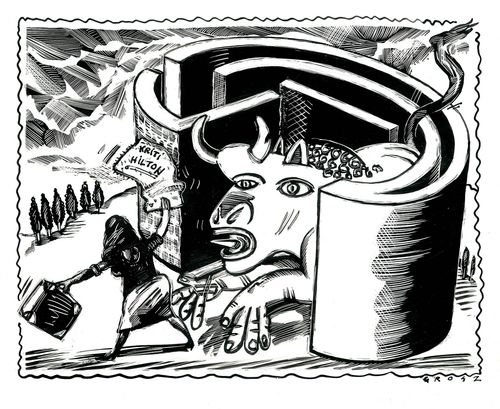 Lady escaping from a beast in a maze.