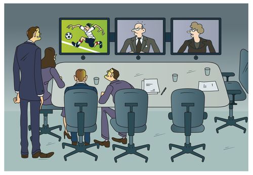 Business people watching football during a video conference.