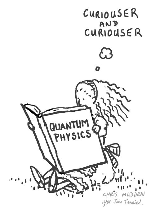 Alice in Wonderland reading about quantum physics