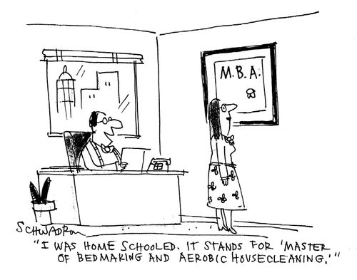 'I was home schooled. It stands for 'Master of Bedmaking and Aerobic housecleaning'.'