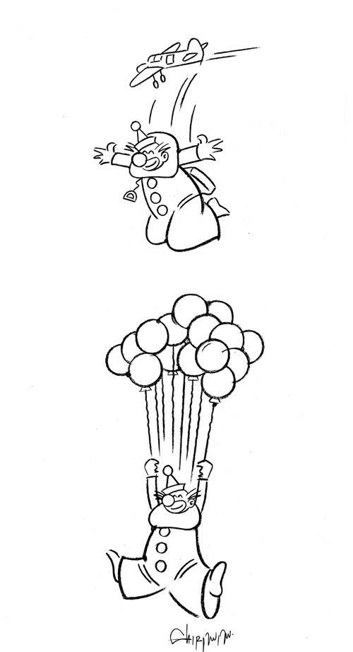 Clown jumps out of plane with balloon parachute.