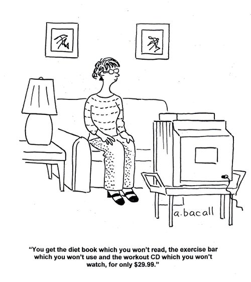'You get the diet book which you won't read, the exercise bar you won't use and the workout CD which you won't watch, for only $29.99.'