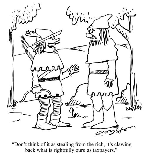 Robin Hood tells Merry Man accomplice: 'Don't think of it as stealing from the rich, it's clawing back what is rightfully ours as taxpayers.'