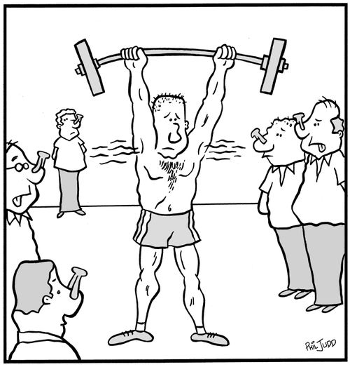 Weight lifter with weights up in the air. All the officials wearing clothes pegs due to the bad body odour problem.
