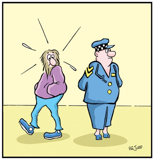 Man walking past a policeman. He noticed pig hooves coming out the bottom of the policeman's pants.