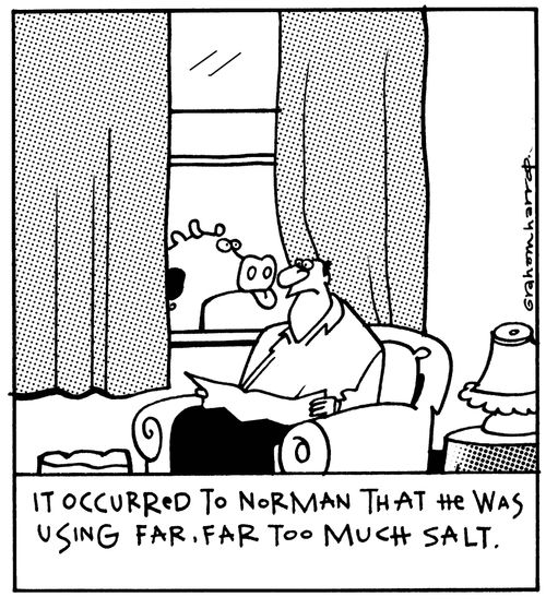It occurred to Norman that he was using far, far too much salt.