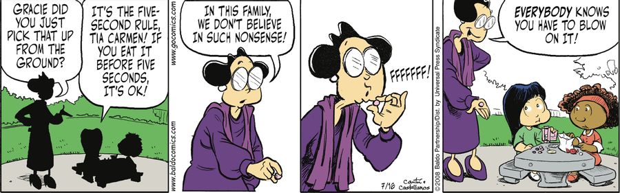 "It's the five-second rule, Tia Carmen! If you eat it before five seconds, it's OK!"