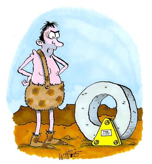 A caveman has a wheel clamp put on.