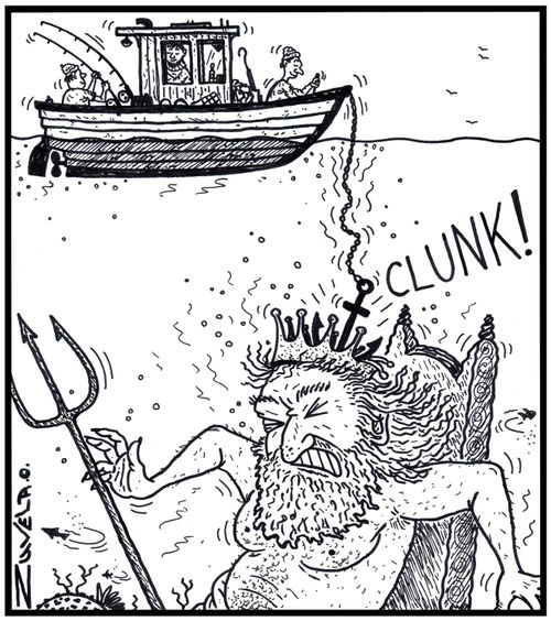 King Neptune / neptune getting clunked on the head by an anchor from a boat above.