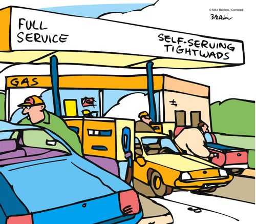 Gas bar, Full service/Self-serving tightwads