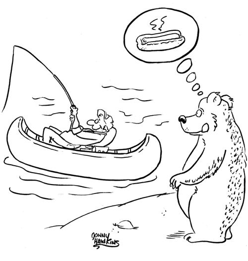 Bear sees fisherman in canoe, thinks of hotdog.