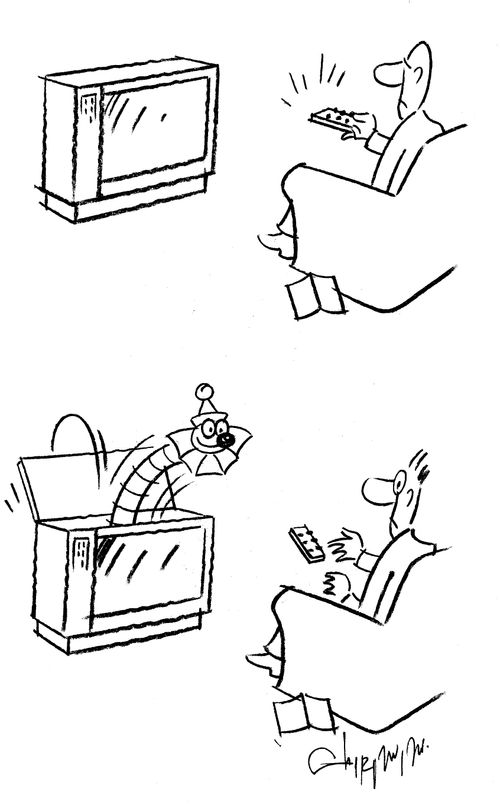 Jack-in-the-box popping out of a television.