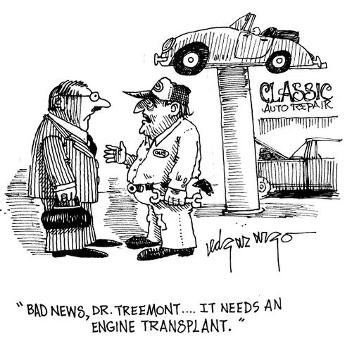 'Bad news, Dr. Treemont...It needs an engine transplant.'