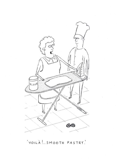"Voila!...smooth pastry." (Lady teaching chef to iron dough).