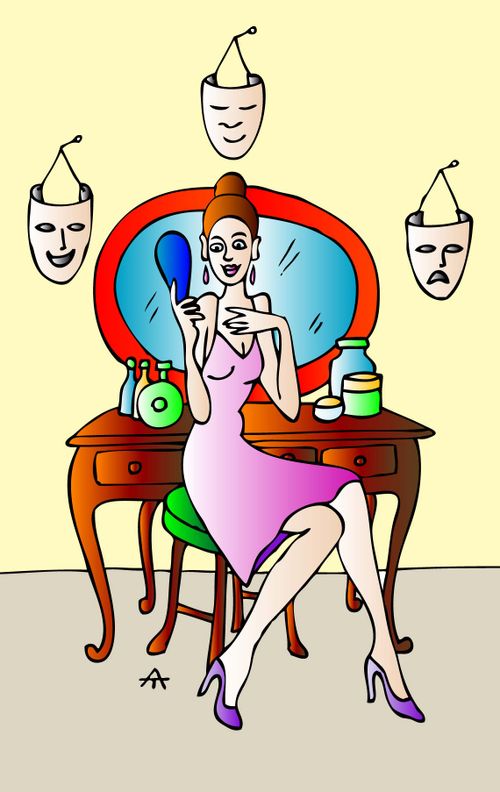 A woman surrounded by drama masks admires herself in the mirror.