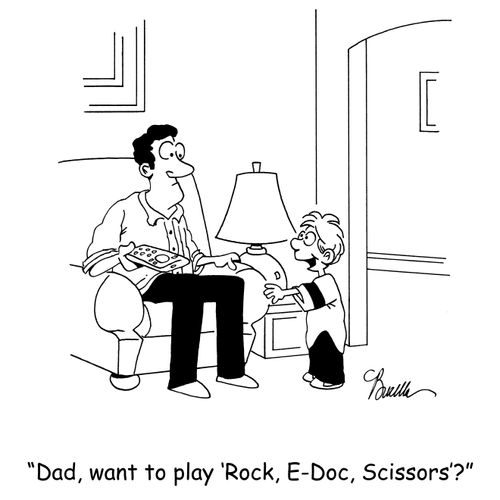 'Dad, want to play 'Rock, E-Doc, Scissors'?'