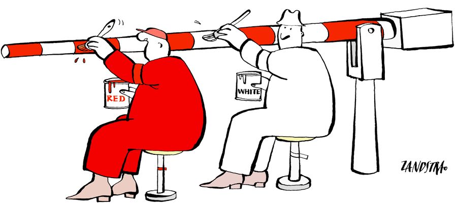 Men painting red and white.