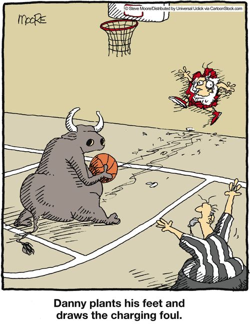Danny plants his feet and draws the charging foul.