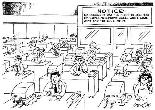'Notice: management has the right to monitor employee telephone calls and e-mails just for the hell of it.'