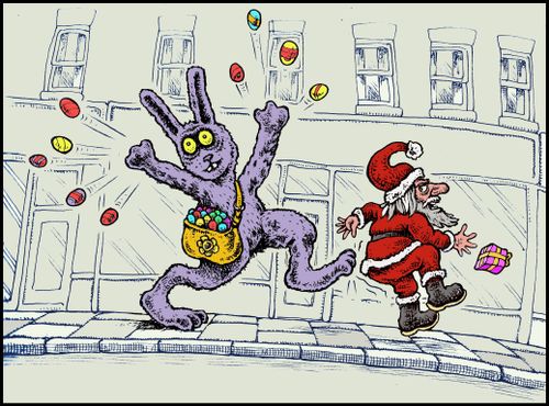 Easter Bunny Pushing Father Christmas Out The Way.