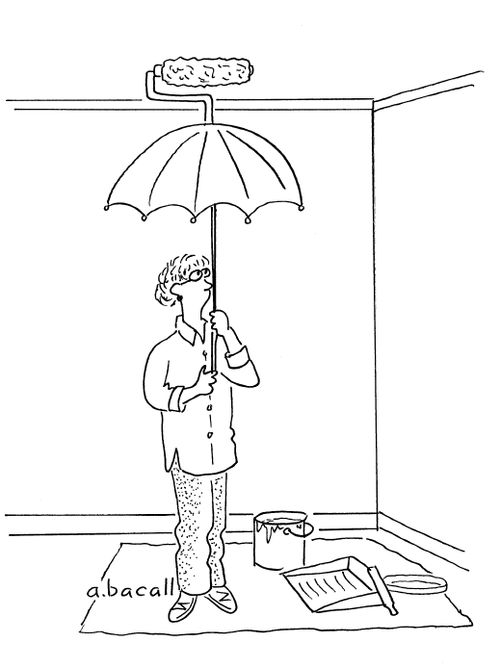 Painting the ceiling with a paint roller attached to an umbrella.
