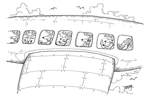 Santa Claus and his reindeers on a plane.