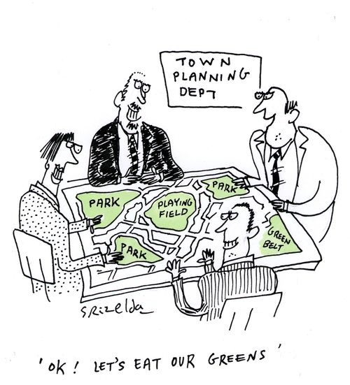 Town Planning Dept looking at map with parks and green spaces. 'Ok! Let's eat our greens'