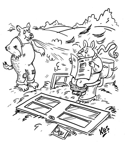 Wolf blows down house to reveal pig sitting on toilet.