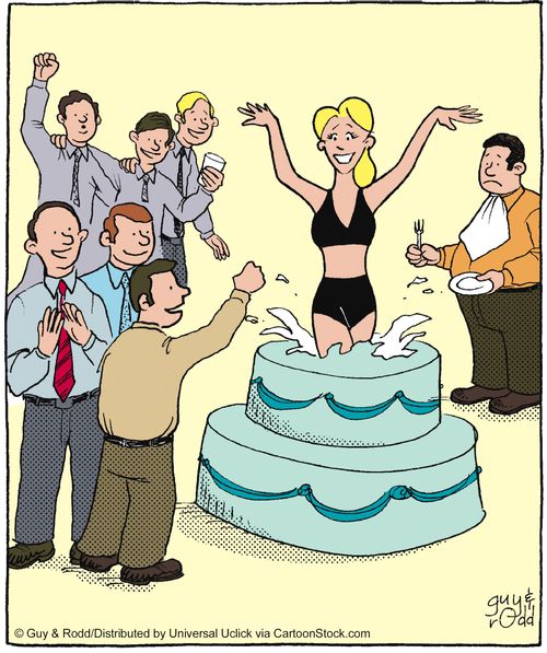Chubby man is disappointed that the stripper's cake is not a real cake.