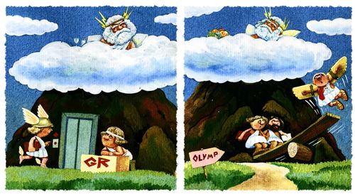 Hermes takes an elevator to meet Zeus while wingless citizens attempt to fly up.
