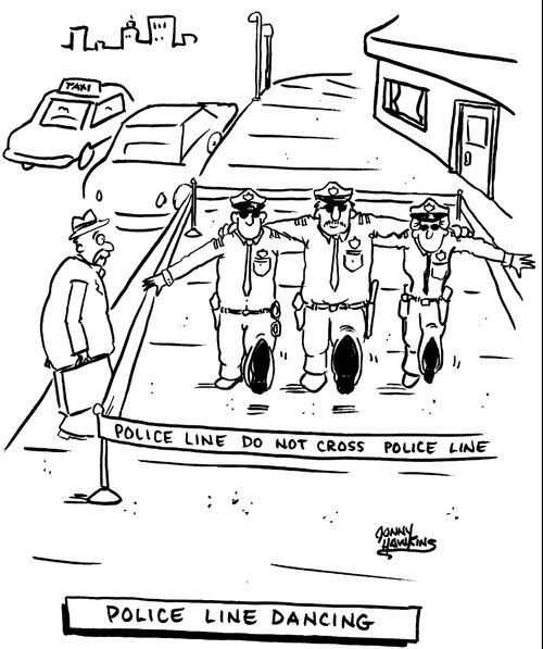Police dancing behind line - titled 'Police Line Dancing'.