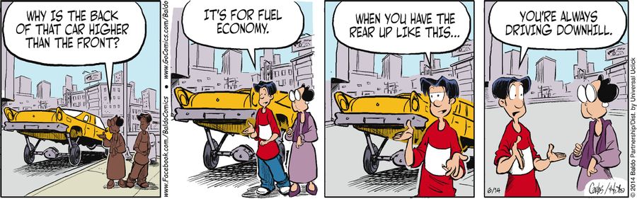 "Why is the back of that car higher up than the front?"