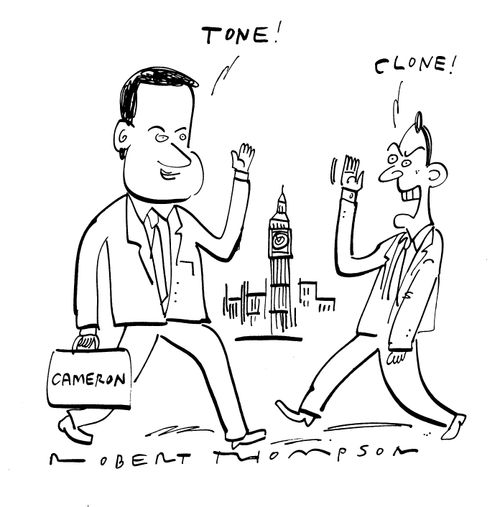Tony Blair and David Cameron greeting each other.