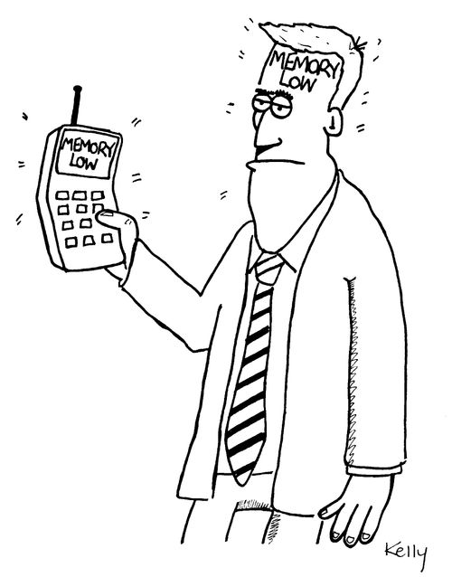 Man with 'low memory' on his phone and his head